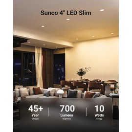 Sunco 6 Pack 4 Inch LED Recessed Lights, Slim Canless Ceiling Lighting, 650 LM, 10W (60W Equivalent), 6000K Daylight Deluxe, Dimmable, Wafer Thin, Ultra Thin with Junction Box ETL