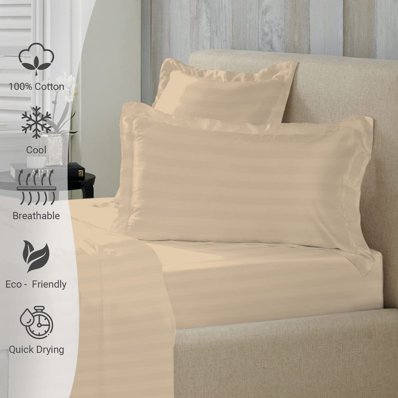 Taupe Satin Striped Bedding Cotton King Size Pillow Cases 2