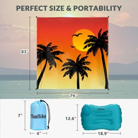 Beach Blanket, Waterproof Sandproof Beach Mat with Stakes and Inflatable Camping Pillow, 79" X 83" Quick Drying Lightweight & Durable Outdoor Picnic Mat with 4 Corner Pockets for Beach Camping
