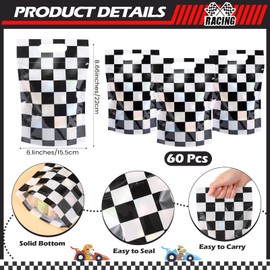 Teenyyou 60 Pcs Checkered Race Sealing Gift Bags Plastic White Black Plaid Zip Closure Bags with Handles for Candy Treat Goodie Cookie Wrapping Racing Car Party Favors Supplies