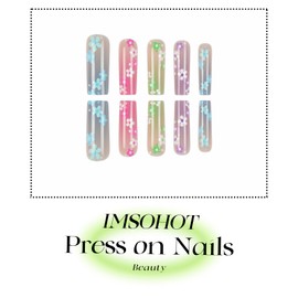 IMSOHOT Long Square Press on Nails Colorful Ombre Fake Nails with Small Flower Designs Glossy Acrylic False Nails Glue on Nails Glossy Acrylic Stick on Nails for Women 24Pcs