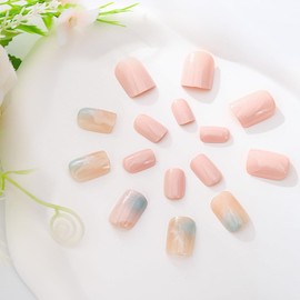 Outyua Pink Gradient Press on Nails Short Square Fake Nails Nude Acrylic Artificial Glossy Full Cover False Nails for Women and Gilrs 24PCS