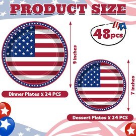 48PCS 4th of July Plates, Red White Blue Patriotic Paper Plates Supplies