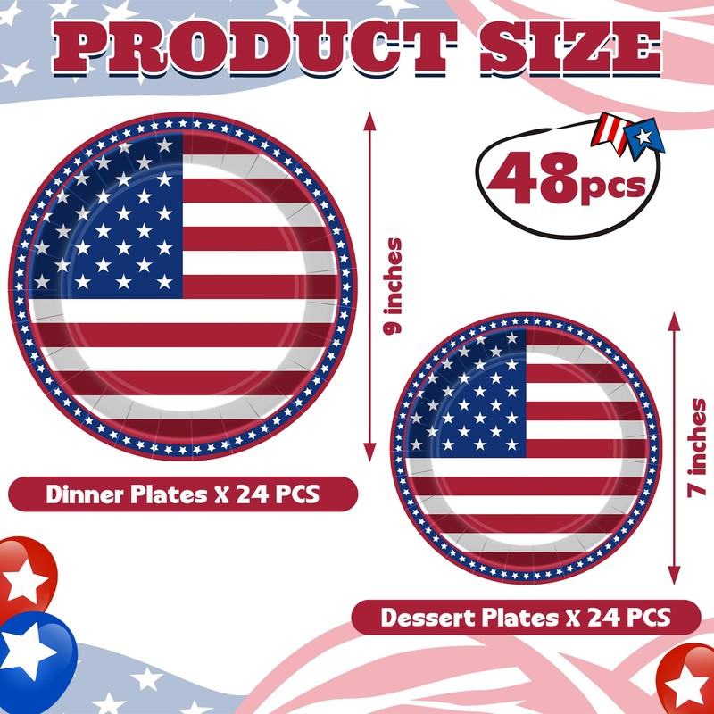 48PCS 4th of July Plates, Red White Blue Patriotic Paper