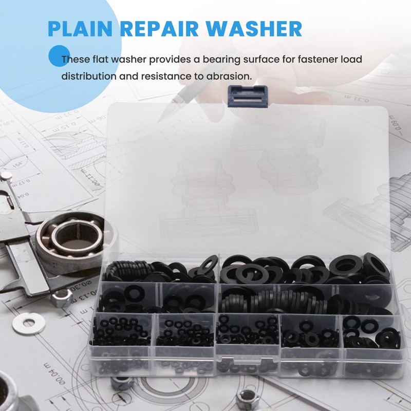 Bzocio 600Pcs Black Nylon Rubber Flat Washer Assortment Kit for