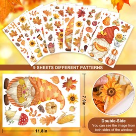 Whaline 9Sheets Fall Gnome Window Clings Happy Fall Watercolor Style Window Decals Autumn Fall Leaves Sunflowers Pumpkin PVC Stickers for Fall Harvest Party Home Window Glass Mirror Decor 7.9 x 11.8"