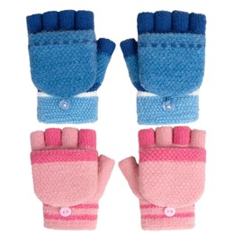GTYHH 2 Pairs Children's Knitted Gloves, Fingerless Folding Gloves, Warm Winter Gloves, Fingerless Gloves with Hood for Writing, Cold-Resistant Outdoor Gloves, Cyan blue, M
