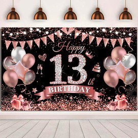 Yontree Happy 13th Birthday Banner 180 * 110cm Black Rose Happy 13th Birthday Banner Backdrop 13th Birthday Decorations for Girls Women, 13 Years Old Birthday Anniversary Party Supplies