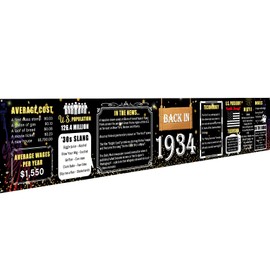 90th Birthday Banner, 120" x 20" Large Back in 1934 Party Decorations Happy Birthday Party Bunting Vintage 1934 Flag Backdrop for Men & Women Class Reunion Decor