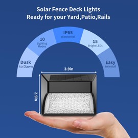 Tadyreal Solar Fence Lights Outdoor Waterproof Ip65, 10 Lighting Modes Fence Lights Solar Powered with 15 Bright Led Lens, Backyard Light Outdoor for Deck Railing Step Pool Patio Wall - 2 Pack