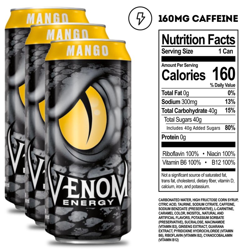 Venom Energy Drink, Mango, 0 Fat, 160mg Caffeine, 16 Fl