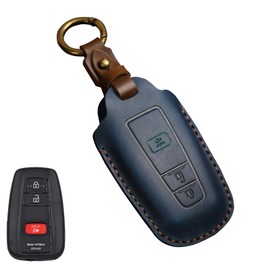 for Toyota 4Runner Key Fob Cover with Keychain, Genuine Leather Car Key Case Shell Protector Compatible with 2016-2025 RAV4 Camry Prius Prado Highlander Avalon C-HR Corolla GT86, 3 Button(Blue)