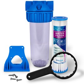 10" Clear Standard Transparent Whole House Water Filter System with Presser Relief Button, 3/4” Inlet/Outlet Brass Port & 5 Micron Pleated Sediment Water Cartridge, Meets NSF Standards & Regulations