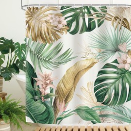 Omifly Tropical Palm Shower Curtain 60Wx72L Inch Banana Leaves Monstera Floral Flower Botanical Jungle Rainforest Plant with 12 Plastic Hooks Fabric Waterproof Toilet Accessories Decor