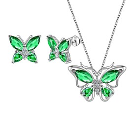 Aurora Tears Butterfly Necklace/Earrings Set 925 Sterling Sliver May Birthstone Green Emerald Jewelry Set Animals Jewelry Gift for Women and Girls DS0045G