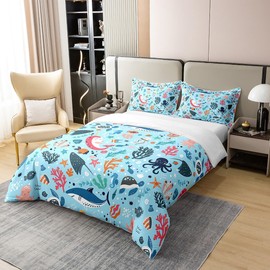 Underwater World 100% Cotton Duvet Cover 135 x 200, Cute Dolphin Shark Comforter Cover for Children, Colourful Sea Life Bedding Set, Squid Jellyfish Devil Fish Seahorse Sealife Bed Set, Blue