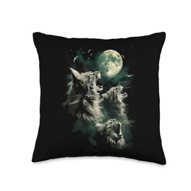 Three Maine Coons Howling at the Moon, 3 Hungry Cats Meowing Throw Pillow