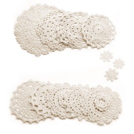 Jiozermi 24 Pcs Hand Crochet Lace Doilies, Handmade Vintage Round Lace Doilies Placemats Snowflake Mini Doilies for Table Decoration, Varied Sizes 2-7 inches, Beige