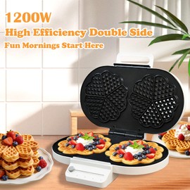 Electric Heart-Shaped Waffle Maker: Upgraded Fast Double-Side Heating - Nonstick Double-Plate Baker Make 10 Heart Waffles - 5-Level Browning Control & No-Flip &Compact for Families Breakfast(White)