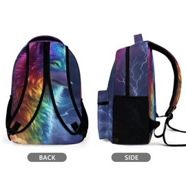 KOYI Wolf Backpack Colorful Rainbow Galaxy Wolf Backpack for Kids, Rainy Blue Lightning Backpack, Cool Wolf Animal Print Backpack, Elementary Boys Girls Travel Laptop Backpack, 16.5 Inch