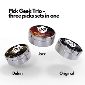 Pick Geek TRIO | 3 Sets of Premium Guitar Picks (Plectrums) | for Your Electric, Acoustic, or Bass Guitar | X Heavy, Heavy, Medium & Light | in 3 Metal Pocket 'Click Clack' Boxes