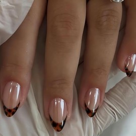 Uñas postizas cortas cuadradas con punta francesa color ámbar cromado, uñas postizas de carey, uñas postizas reutilizables con pegamento brillante y d