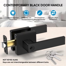 TICONN Matte Black Door Handle Heavy Duty, Reversible Square Door Lever for Bedroom, Bathroom, Rooms (Keyed Entry - Not Keyed Alike, 1 Pack)