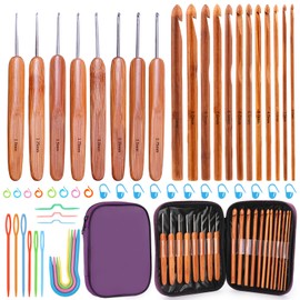 Wooden Crochet Hooks Set, 20 Pieces, Bamboo Crochet Hooks, Crochet Needles with Embroidery Needles, Stitch Holder, Knitting Marker, Portable Bag for Household Knitting Crafts