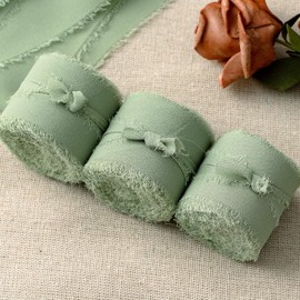Wide Green Ribbon | 3.8 cm x 19.2 m | Eucalyptus Green Gift Ribbon Wedding Chiffon Ribbon Fabric Ribbon Fringe Ribbon Ribbons (Grey Green)