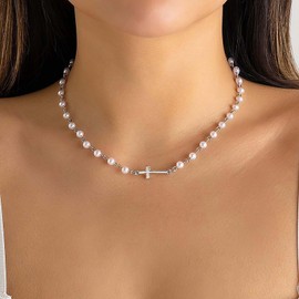 Inilbran Boho Pearl Choker Necklace Silver Pearl Necklace Choker Vintage Cross Crucifix Necklace Minimalist Pearl Cross Necklace Jewelry for Women and Girls