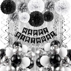 Black and Silver Birthday Decorations for Men, Happy Birthday Banner Fringe Curtains Balloons Tissue Paper Pom Poms Hanging Swirl Birthday Party Décor
