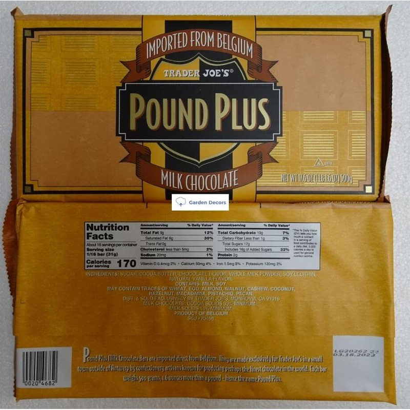 Trader Joe’s Pound Plus Milk Chocolate Bar 17.6oz 500g