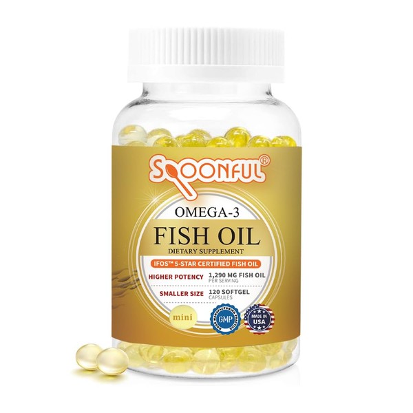 Spoonful Mini Omega 3 Fish Oil, iFOS Certified, 1290 mg Per Serving, 120 Softgels Pearls, Small Size Easy to Swallow Capsules for Women and Seniors, Made in USA