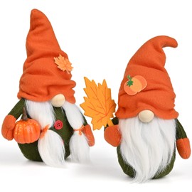 D-FantiX Gnomos de otoño, paquete de 2 gnomos de Acción de Gracias hechos a mano, gnomos suecos de felpa con hojas de arce de calabaza, gnomos de otoño, decoración de Acción de Gracias, día festivo, decoración de mesa del hogar, regalos