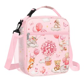 Clastyle Rosa Heißluftballon Tiere Isolierte Lunchtasche Kinder, Klein Kühltasche für Mädchen mit Flaschenhalter, Wasserdichte Brotzeittasche für Picknick Schulen