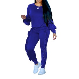 KANSOON Conjunto de 2 piezas de trajes de manga puff y pantalones largos con volantes, Azul, Medium / ( US 6-8 )