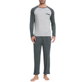 MoFiz Men's Pajama Set Long Sleeve Crew Neck Shirts Bottom Pants Modal Sleep Set 2 pieces Light Soft Jammies Bedroom Night Suit (B-Blue Grey,S)