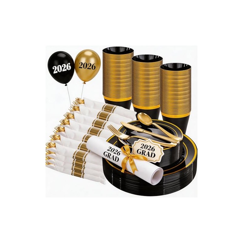 WELLIFE 210PCS Black and Gold Plastic Plates - Plastic Dinnerware
