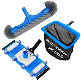 TidyMister 3-in-1 Pool Cleaning Kit Full Set - 18in Rounded End Pool Brush & Ergonomic Pool Vacuum Head with Wheels& Pool Nylon Net Fine Mesh for Above Ground In-ground Pools, Spas, Hot Tubs