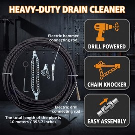 32.8 Ft Flex‑Shaft Sewer Descaling Chain, Rotary Cable Sewer Dredge Drilling Tool, Flexible Push Snake Cable for PVC Pipes, Toilets, Traps & Industrial Boilers