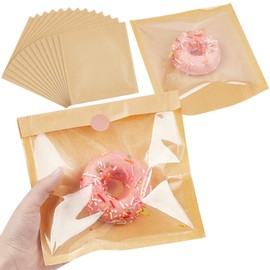 Ocmoiy 100ct Heat-Sealable Bakery Bags with Window for Egg Sandwich, Donut, Cookies Packaging, 7.1x7.5 Inches Clear Front Brown Paper Treat bags To go, Grease-Resistant (100)