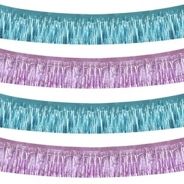 TONIFUL 4 Packs Blue Pink Metallic Foil Fringe Garland Wall Hanging Tinsel Fringe Banners for Parade Floats Bridal Shower Wedding Birthday Graduation Disco Holiday Party Decoration(40 Feet)