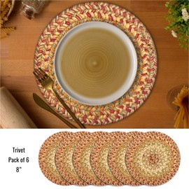 Harvest Premium Jute Braided Trivet by Homespice 8" (Set of 6) Round Beige, Tan Reversible, Natural Jute Yarn Rustic, Country, Primitive, Farmhouse Style - 30 Day Risk Free Purchase