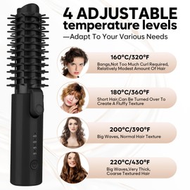 Vizbrite Cordless Curling Iron Brush, Mini Travel Hot Straightener Comb Curl Brush, Rechargeable 4 Temps Cordless Wand Blush with 200 Million Negative Ions for Curls Straightening Styling (Black)