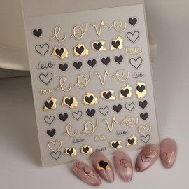 Black Heart Nail Stickers Decals Gold Line Nail Decals for Nail Art Self Adhesive Valentine's Day Nail Decals Love Nail Design for Women 5D Embossed Nail Supplies Nail Art Decorations
