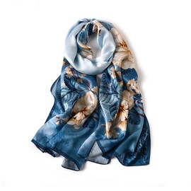 STORY OF SHANGHAI Women's Silk Scarf, 100% Silk, Luxurious Silk Scarf, Neckerchief, Natural Silk Scarf for Women, Stole as a Gift, Warm Light and Soft, with Motif 53 x 170 cm, butterfly yellow flowers