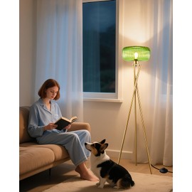 Lightdot Glass Tripod Floor Lamp for Living Room, Modern Gold Standing Lamp with Green Ribbed Glass Lampshade, Arc Tall Lamp for Bedroom Office Reading Room, (LED Bulb Included)