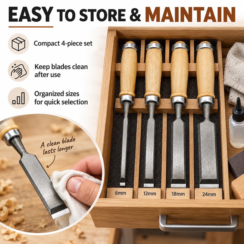 4-Piece Wood Chisel Set for Woodworking – 8/12/16/20mm Carving Chisels