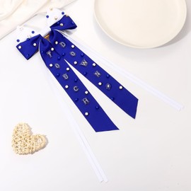 Boderier Football Accessories Hair Bows for Women Beaded Touch Down Hair Bow Clip Long Tail Satin Ribbon Bow Barrette Hair Clip Sports Fan Game Day Outfits Accessories for Women Blue White