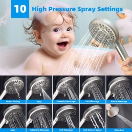 Hibbent All Metal 10'' Filtered Rainfall Shower Head Combo, High Pressure Handheld Shower Head with 12'' Adjustable Curved Extension Arm, 20 Stage Shower Filter, 10-spray, 71'' Hose, Brushed Nickel